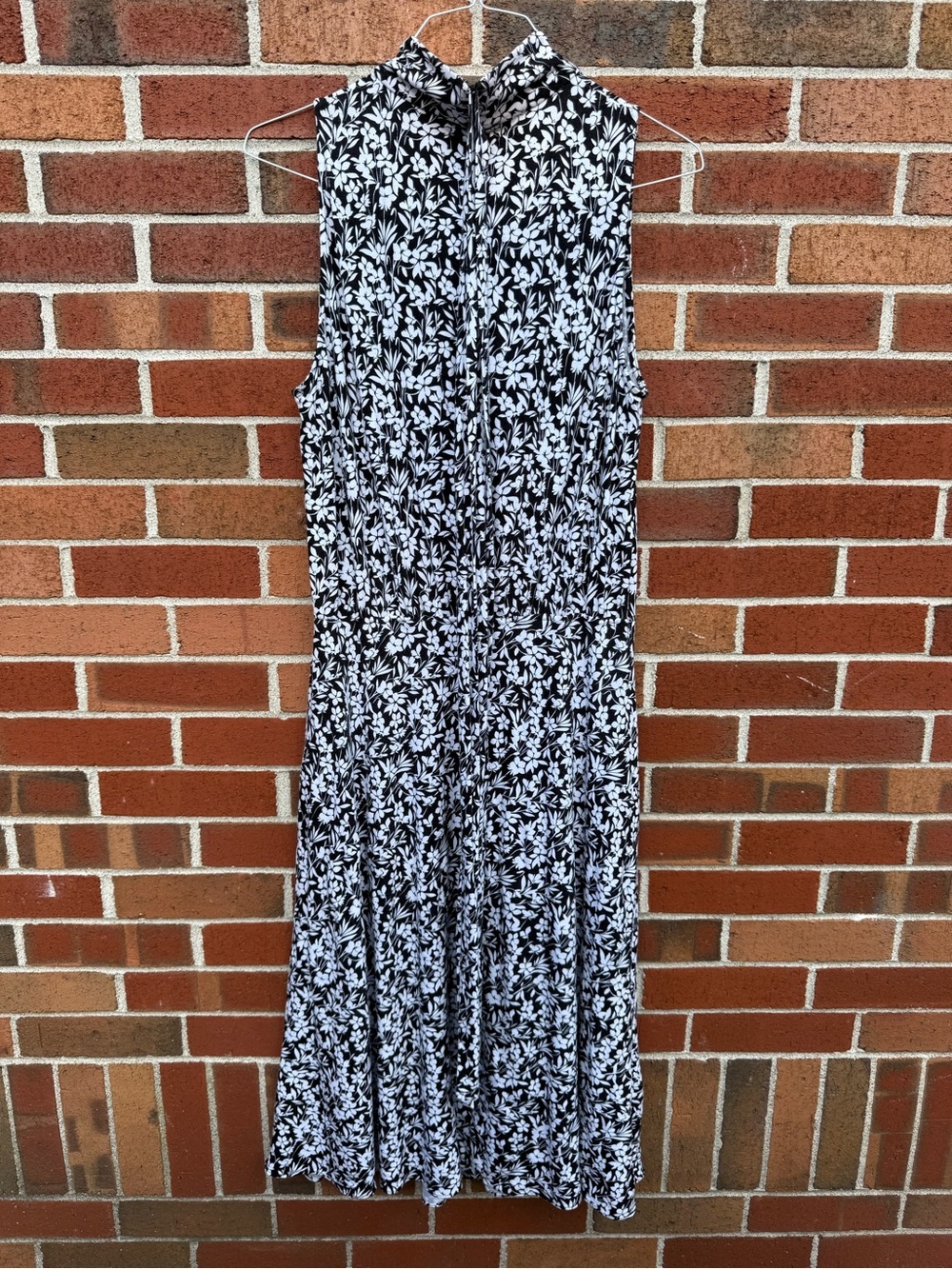 Lauren Ralph Lauren Black & White Floral Sleeveless Mock Neck Tie Waist Midi Dre
